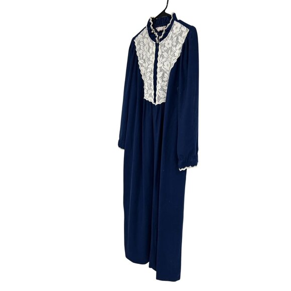 Vintage Navy Blue Ultra Plush Long Nightgown White Lace Details Ruffle Trim Sz M - Picture 3 of 10
